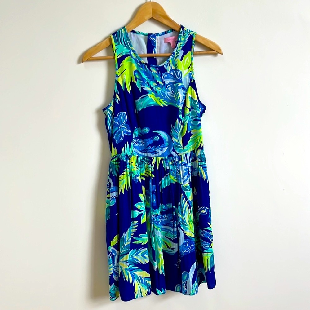 -Lilly Pulitzer Cool Blue & Green Summer Breeze Sleeveless Swing Dress 0